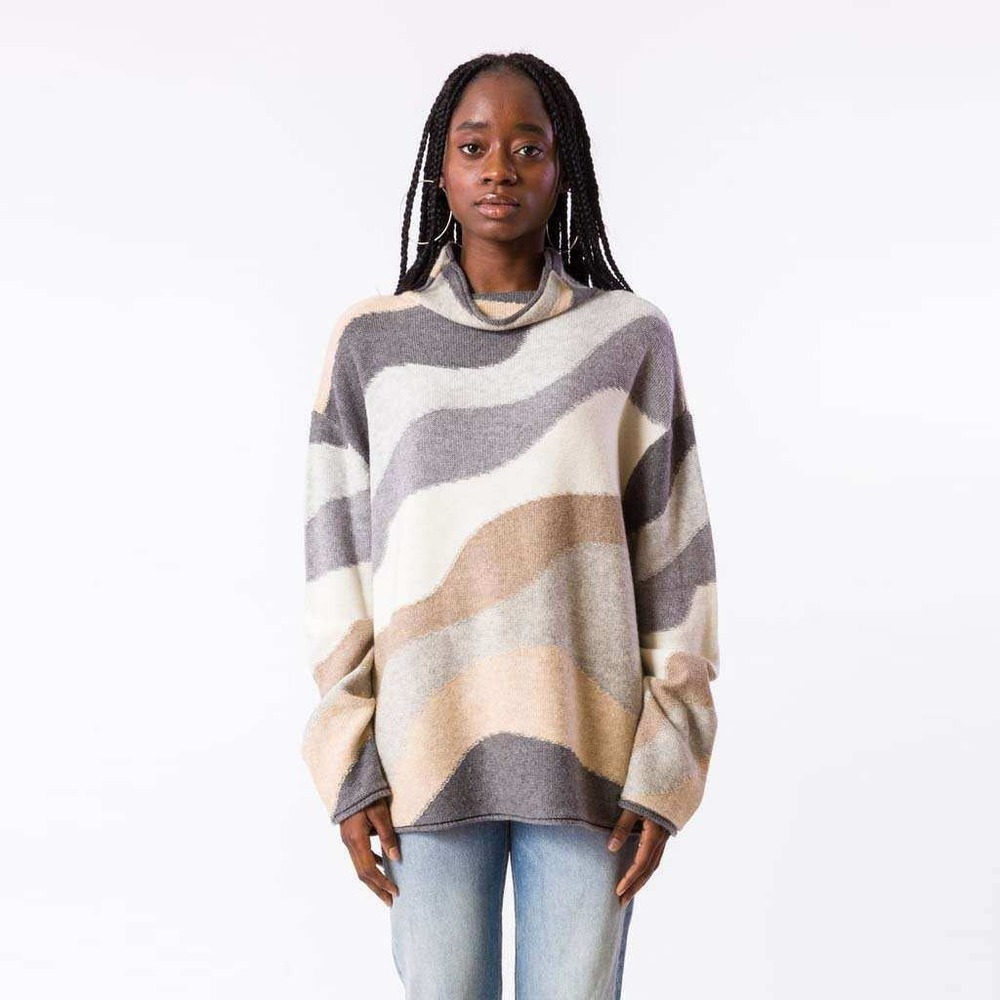 Kerisma Sweater Womens S/M Donovan Mock Neck Abstract Wave Angora Blend Grey Tan